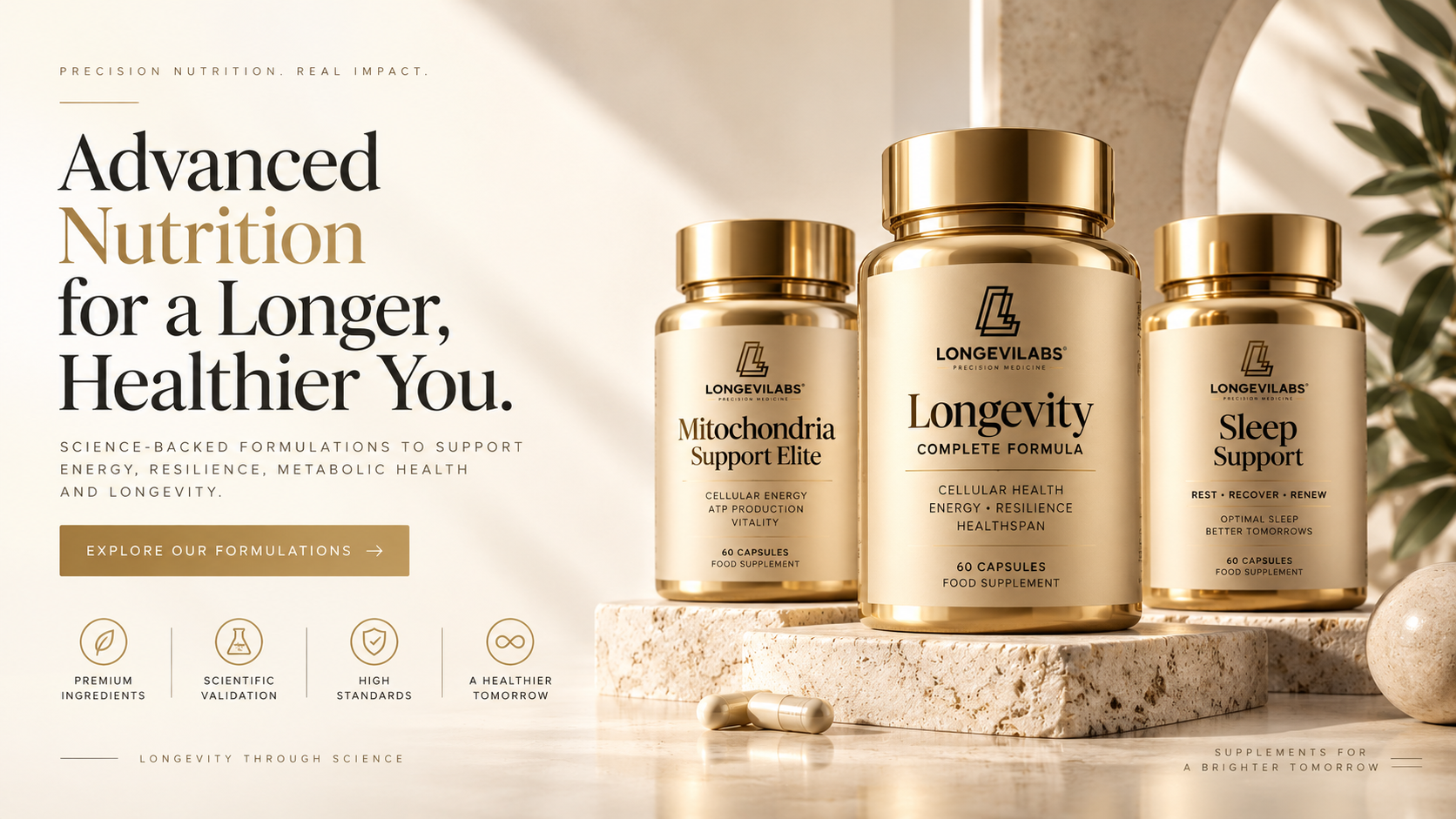 LONGEVILABS Advanced Nutrition — gold Longevity, Mitochondria Support Elite and Sleep Support supplement bottles on a stone plinth, with the line Advanced Nutrition for a Longer, Healthier You